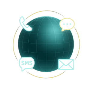 A graphic of a blue globe with a telephone, chat, sms and email icon surrounding it.