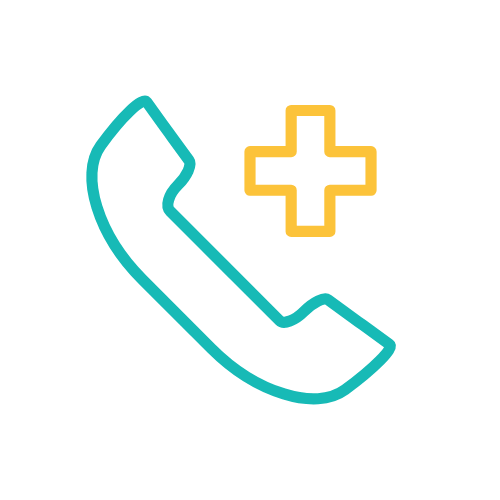 A blue and yellow telephone with a plus sign hovering above it.