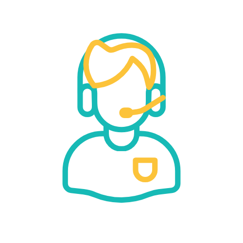 A blue and yellow support person with a headset.